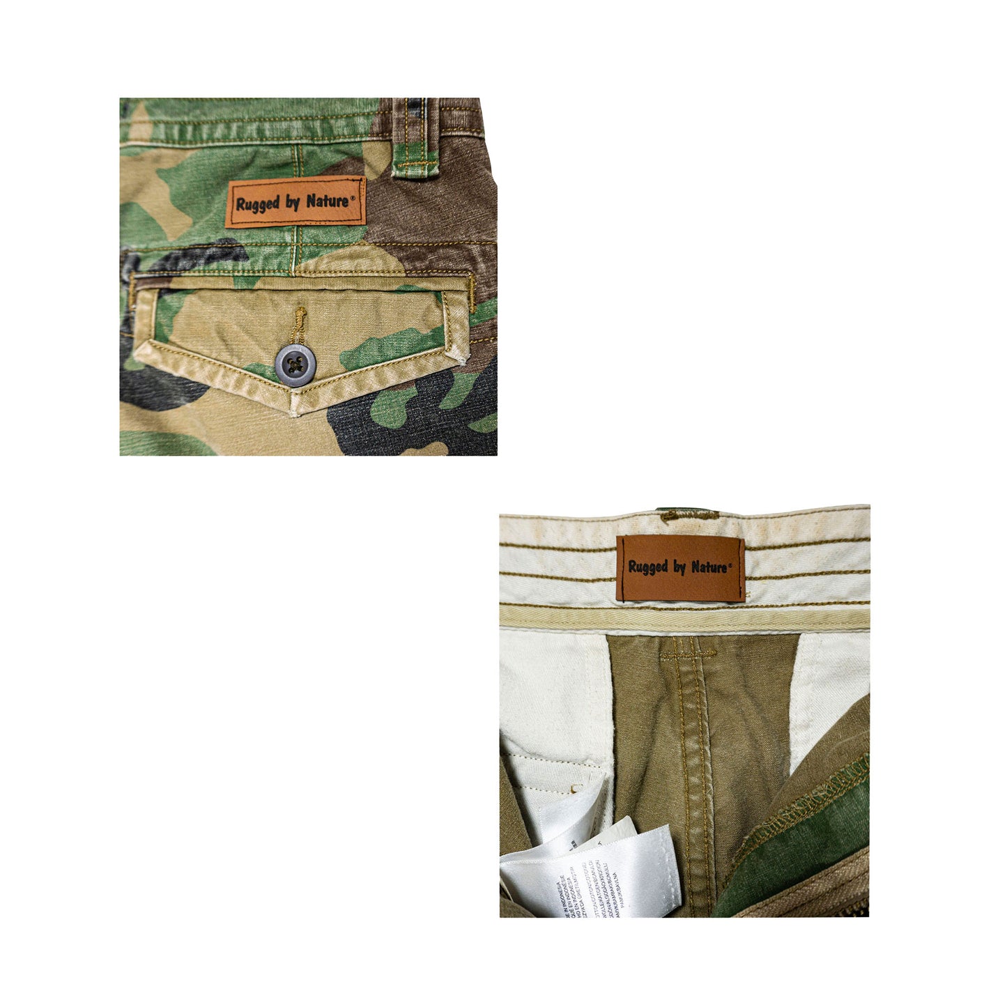 Rugged by Nature Brand Labels. One Sewn Above Right Rear Pocket. One Sewn Inside Back of Shorts.