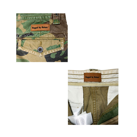 Rugged by Nature Brand Labels. One Sewn Above Right Rear Pocket. One Sewn Inside Back of Shorts.