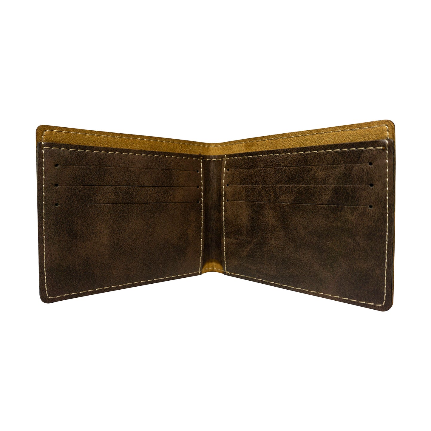 Rugged by Nature® Vegan Leather Wallet. Inside Panels Showing 6 Card Slots, 1 Bill Fold Slot, and 2 Hidden Slots Behind Card Slots One On Each Side.