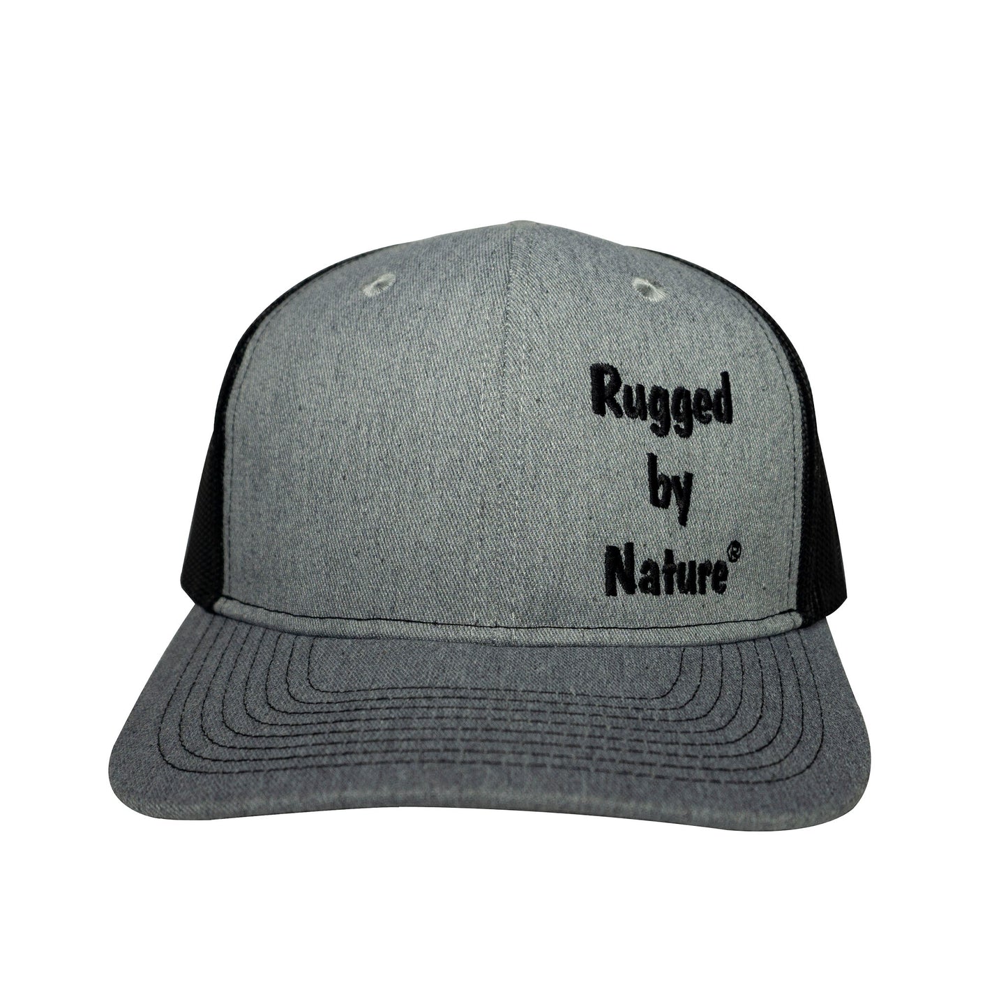 Rugged by Nature Gray Bill, Front Panels With Rugged by Nature Embroidery. Back Panels Black Mesh. Baseball Style Hat.