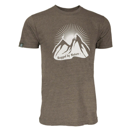 Rugged by Nature Ibex Tee – Coffee Heather Front View with Ibex Goat Mountain Logo, Tri-Blend Fabric, Athletic Fit, Made in USA