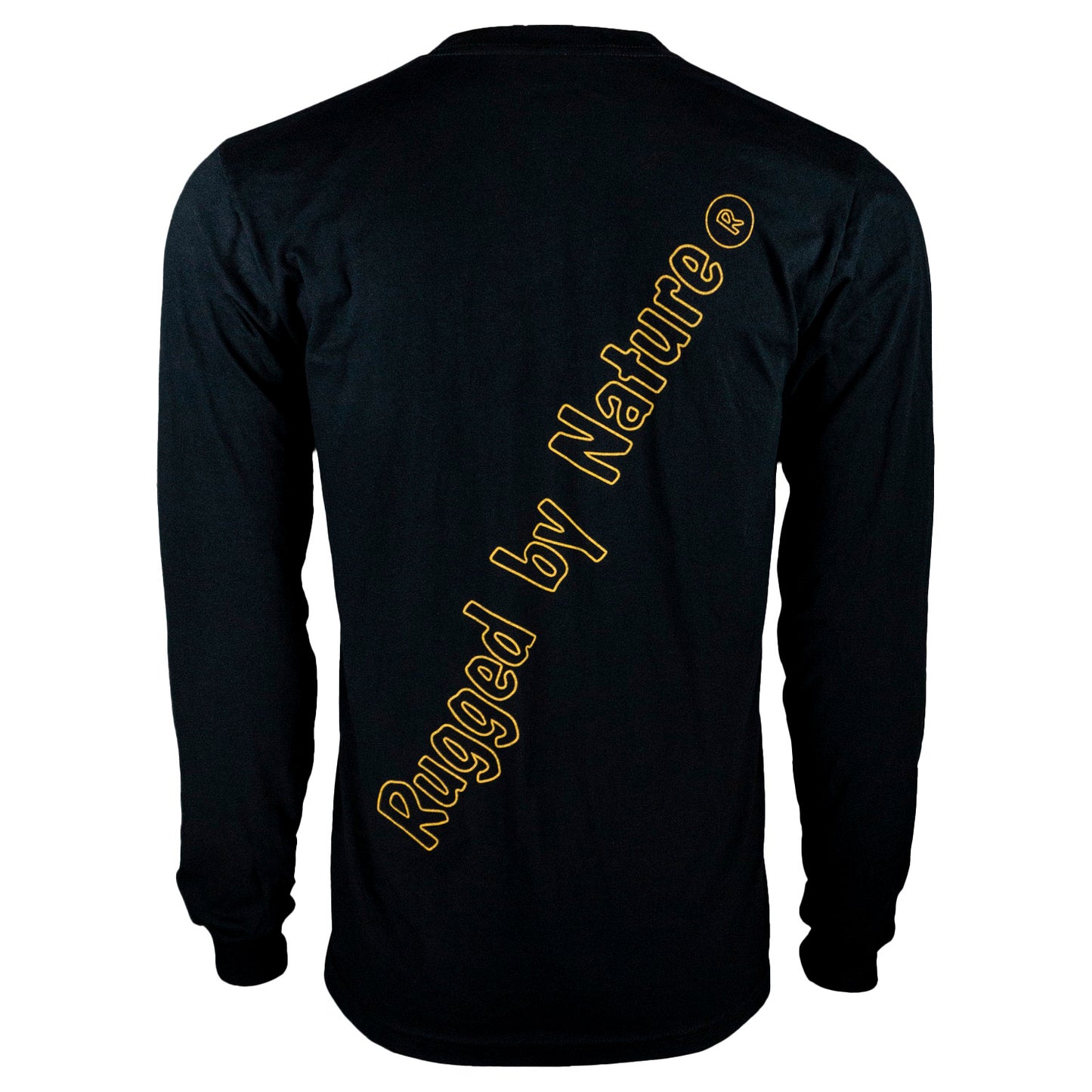 Rugged By Nature® Long Sleeve Logo Tee – Black Back View with Brand Name Graphic, Made in USA