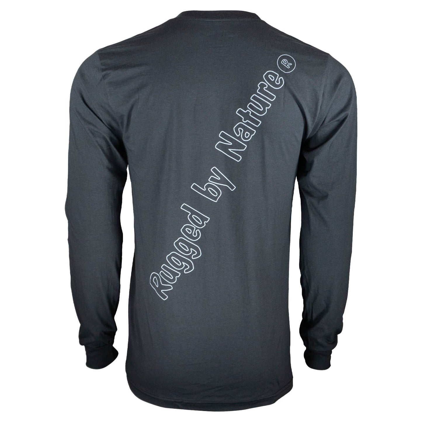 Rugged By Nature® Long Sleeve Logo Tee – Charcoal Gray Back View with Brand Name Graphic, Made in USA