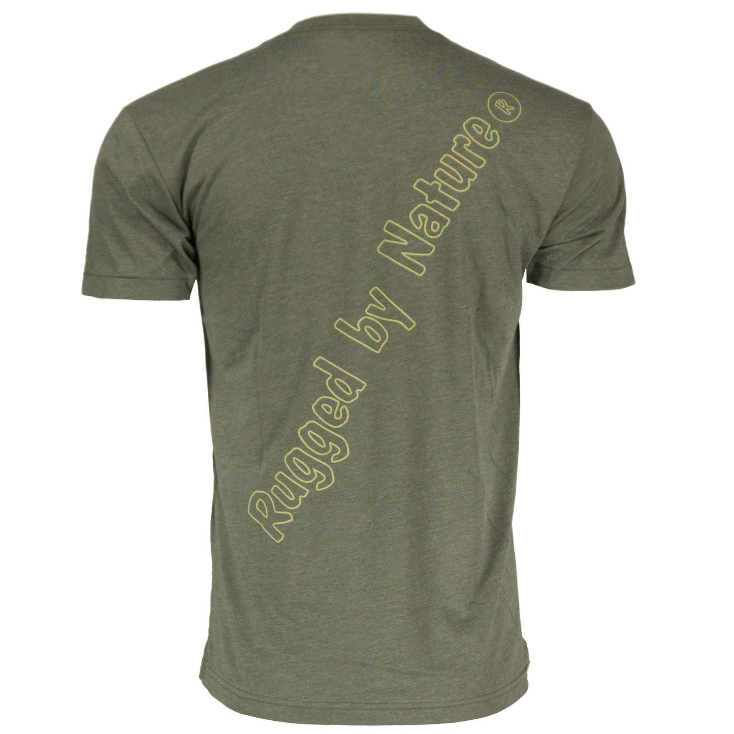 Rugged By Nature® Short Sleeve Logo Tee – Hunter Green Heather Back View with Diagonal Brand Name Graphic, Made in USA
