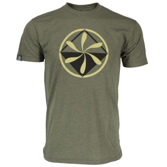 Rugged by Nature Short Sleeve Logo Tee – Hunter Green Heather Front View with Logo, Cotton-Poly Blend, Made in USA