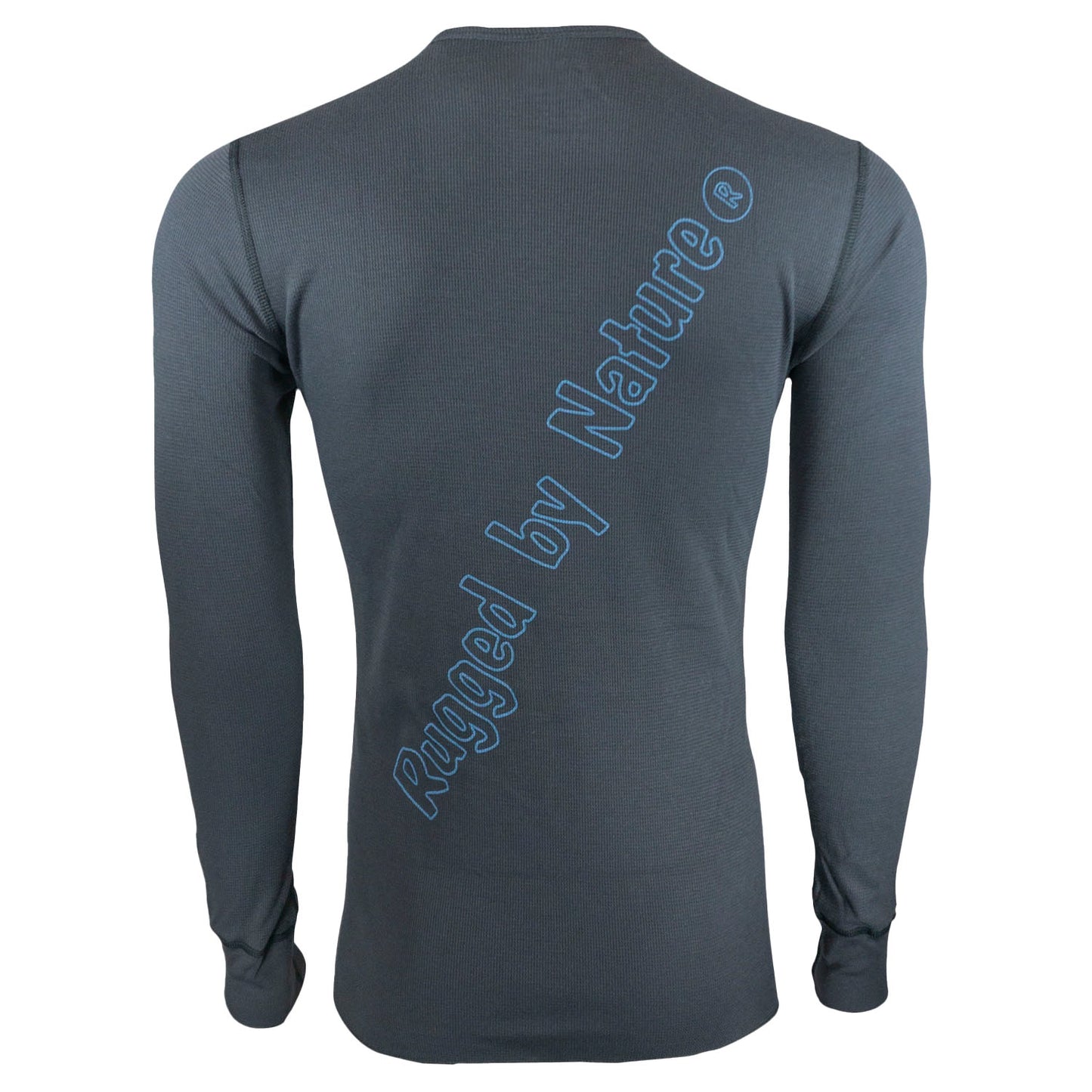 Rugged By Nature® Thermal Shirt – Charcoal Gray Back View with Brand Name Graphic, Made in USA