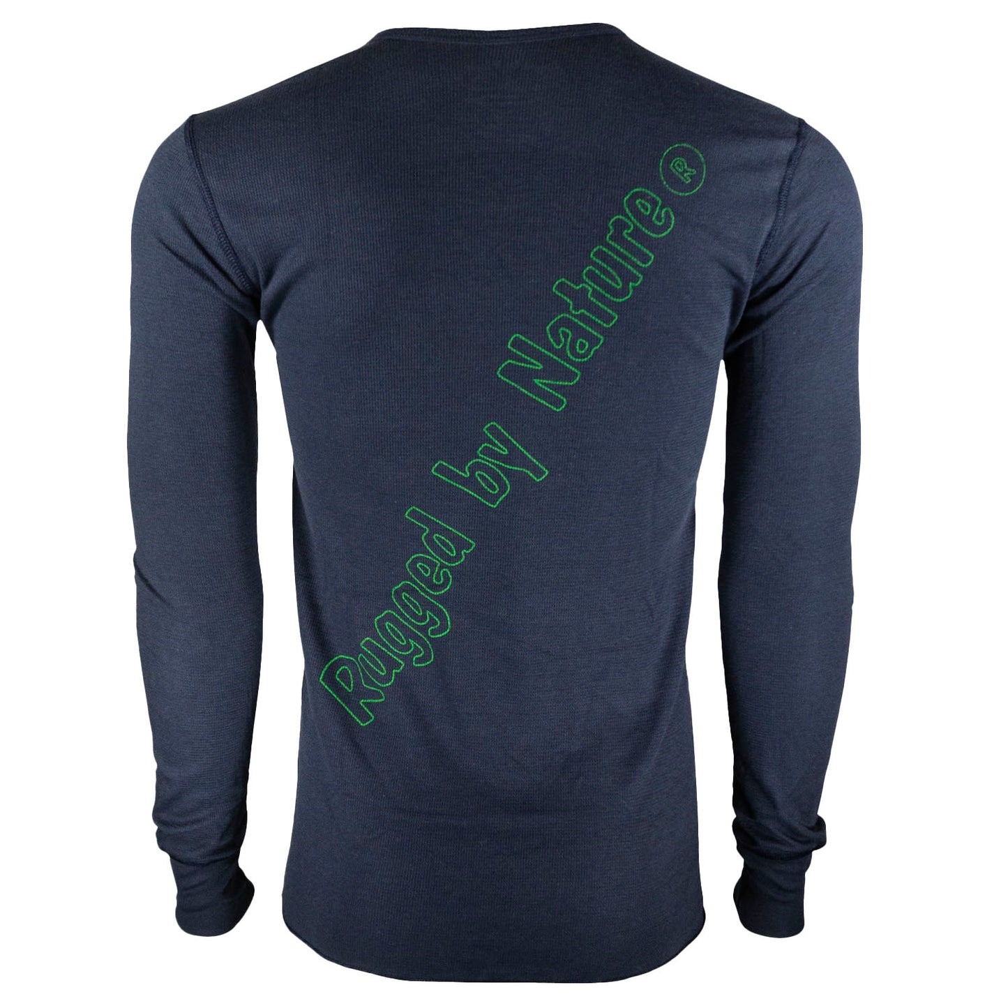 Rugged By Nature® Thermal Shirt – Navy Blue Back View with Brand Name Graphic, Made in USA