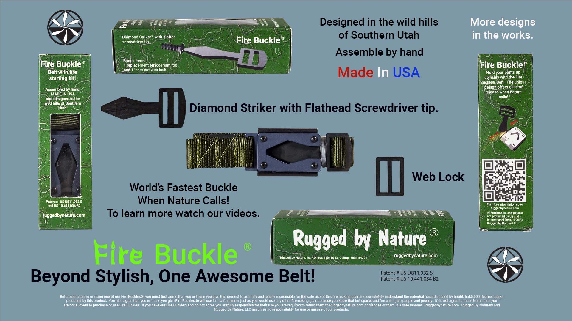 Fire Buckle® Belt kit with box, including belt, Ferro Rods, buckle, and accessories