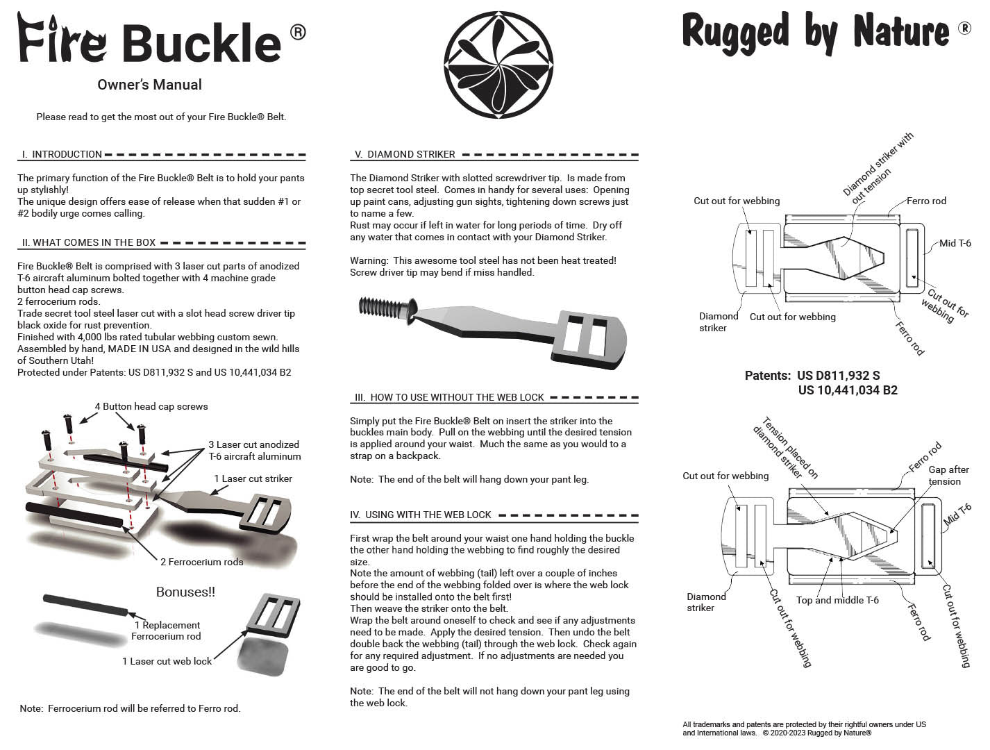 Fire Buckle® Belt Owner’s Manual – Page 1: Instructions for using the quick-release buckle and fire-starting features.