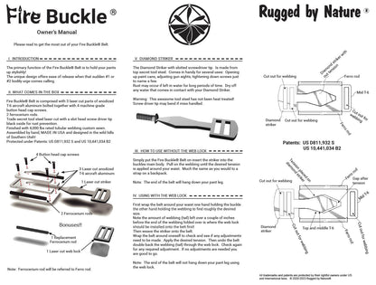 Fire Buckle® Belt Owner’s Manual – Page 1: Instructions for using the quick-release buckle and fire-starting features.