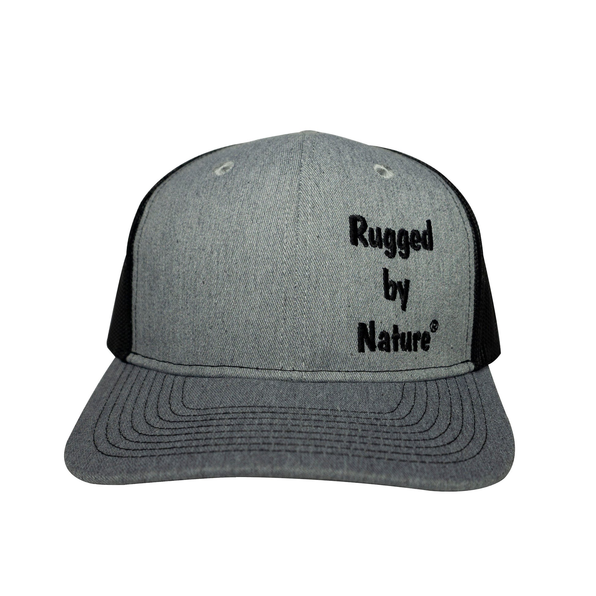 Rugged by Nature Gray Bill, Front Panels With Rugged by Nature Embroidery.  Back Panels Black Mesh. Baseball Style Hat.