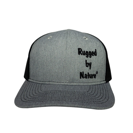 Rugged by Nature Gray Bill, Front Panels With Rugged by Nature Embroidery.  Back Panels Black Mesh. Baseball Style Hat.