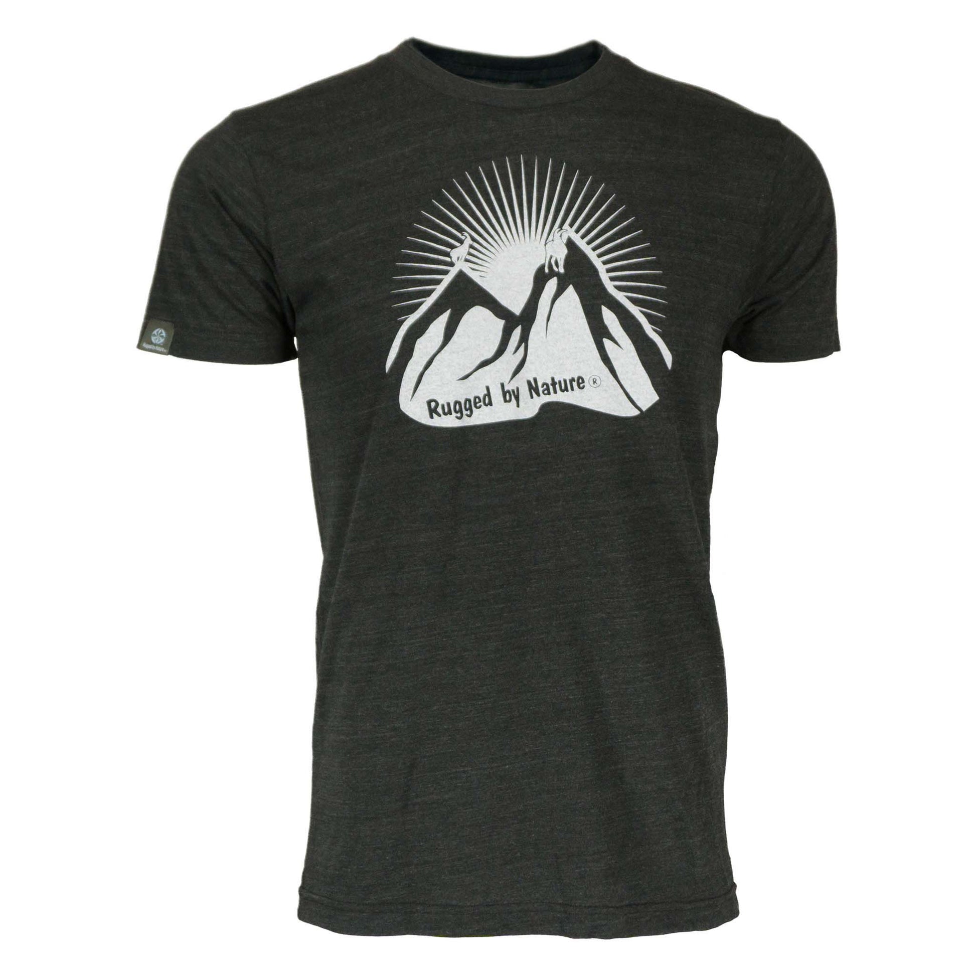Rugged by Nature Ibex Tee – Black Heather Front View with Ibex Goat Mountain Logo, Tri-Blend Fabric, Athletic Fit, Made in USA