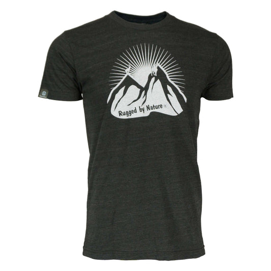 Rugged by Nature Ibex Tee – Black Heather Front View with Ibex Goat Mountain Logo, Tri-Blend Fabric, Athletic Fit, Made in USA
