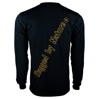 Rugged By Nature® Long Sleeve Logo Tee – Black Back View with Brand Name Graphic, Made in USA