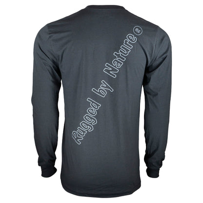 Rugged By Nature® Long Sleeve Logo Tee – Charcoal Gray Back View with Brand Name Graphic, Made in USA