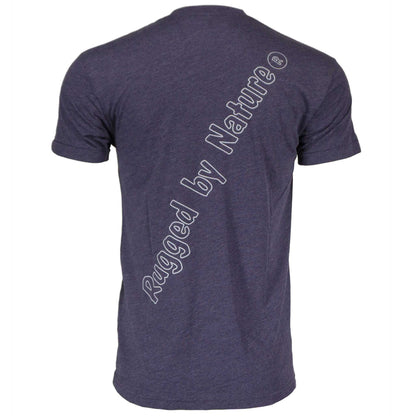 Rugged By Nature® Short Sleeve Logo Tee – Deep Purple Heather Back View with Diagonal Brand Name Graphic, Made in USA