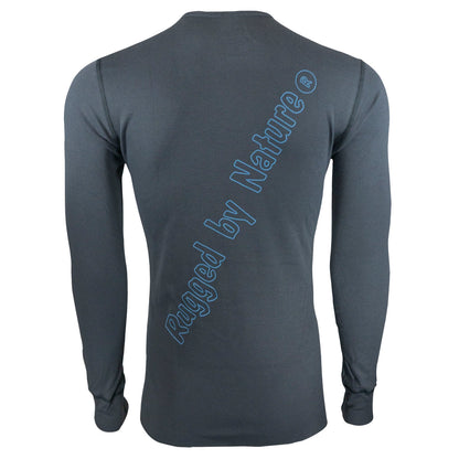 Rugged By Nature® Thermal Shirt – Charcoal Gray Back View with Brand Name Graphic, Made in USA