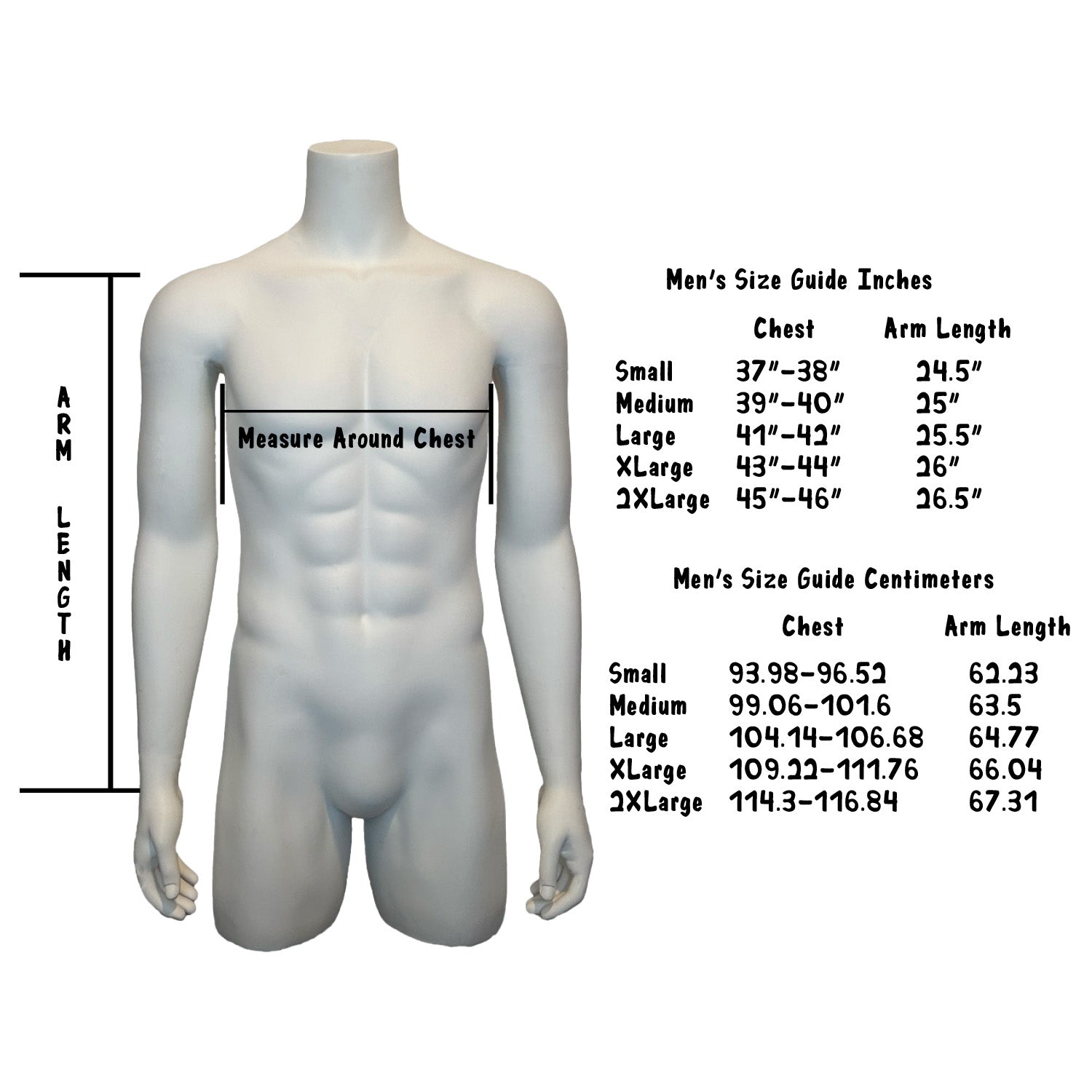 Men’s Size Guide for Rugged By Nature® Thermal Shirt – Chest and Arm Length in Inches and Centimeters, Made in USA